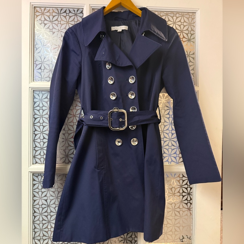 New York & Company navy blue double breasted belted trench coat medium